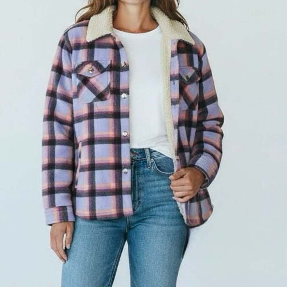 Sage Collective Women's Purple Multicolored Plaid Sherpa Lined Flannel Jacket Si